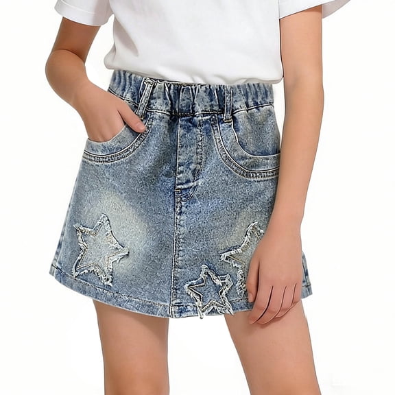 Guluxicc Kids Girls Denim Skort with Elastic Waist Star Graphic Girls Summer Jorts for 4-12 Years