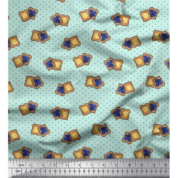Soimoi Green Poly Georgette Fabric Dot & Sandwich Bread Food Printed Fabric 1 Yard 42 Inch Wide