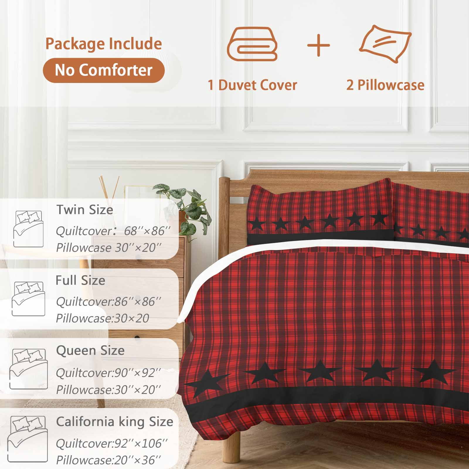 Red Black Plaid Bedding 3 Piece Duvet Cover Set California King, Country Vintage Star Abstract Gingham Soft Microfiber Comforter Cover with Zipper Closure & Pillowcases, FadeResistant Quilt Cover
