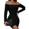 thumbnail image 3 of Women'S Off the Shoulder Long Sleeve Ruched Bodycon Dress Bustier Wrap Mini Dress Black XL, 3 of 9