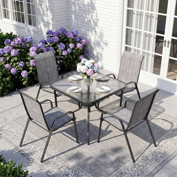 Pirecart 5-Piece Outdoor Patio Dining Table Set with 4 Stackable Textilene Chairs for for Patio, Lawn, Garden, Gray
