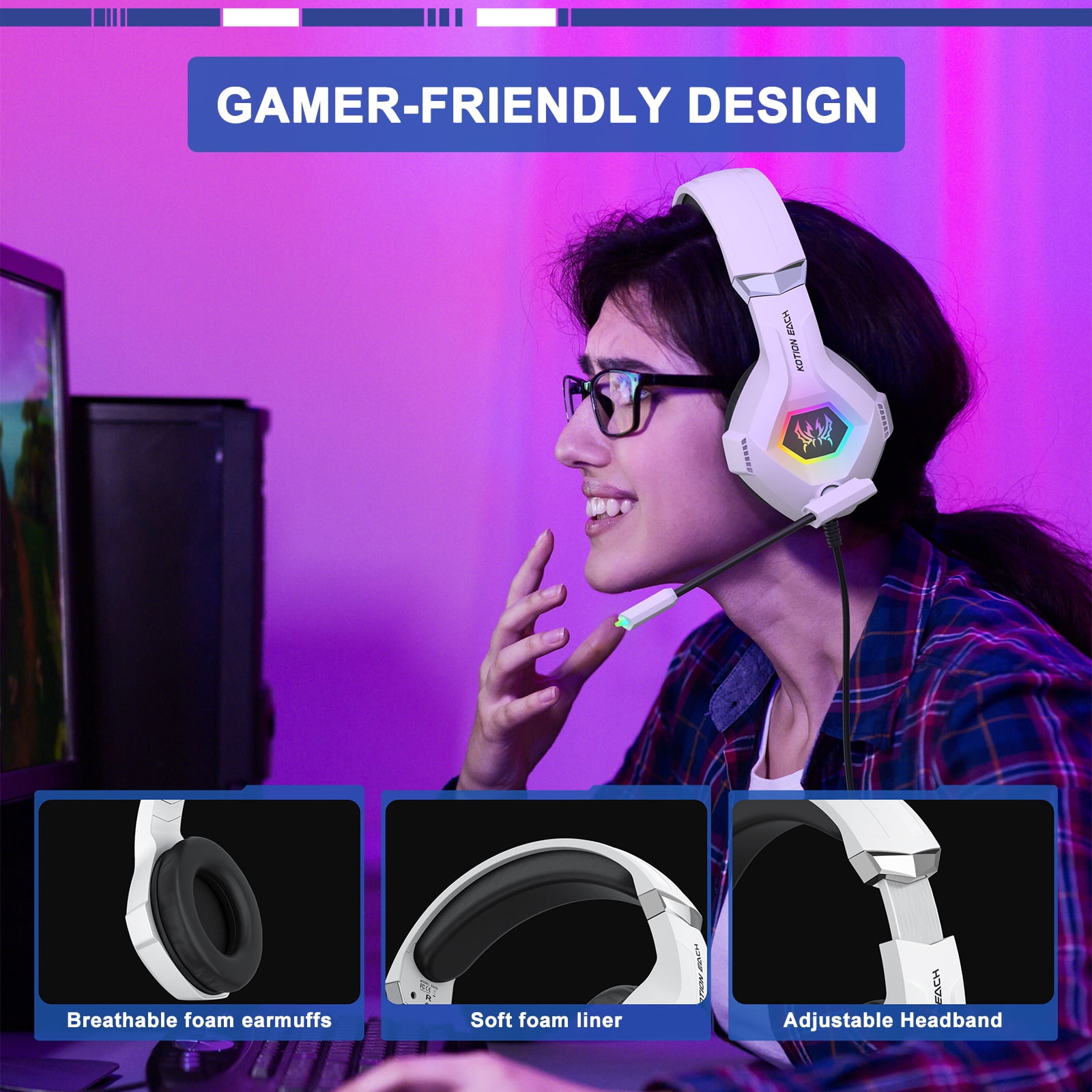 Wired Gaming Headsets for PS4 PS5 Switch Xbox One PC with 3.5MM,RGB Light, Noise Canceling Mic,Surround Sound,Over Ear Muffs Gaming Headphones,White