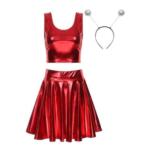 YONGHS Women's Alien Set Cheer Leader Outfit Metallic Crop Tank Top with Ruffle Skirt Hair Hoop Red XL