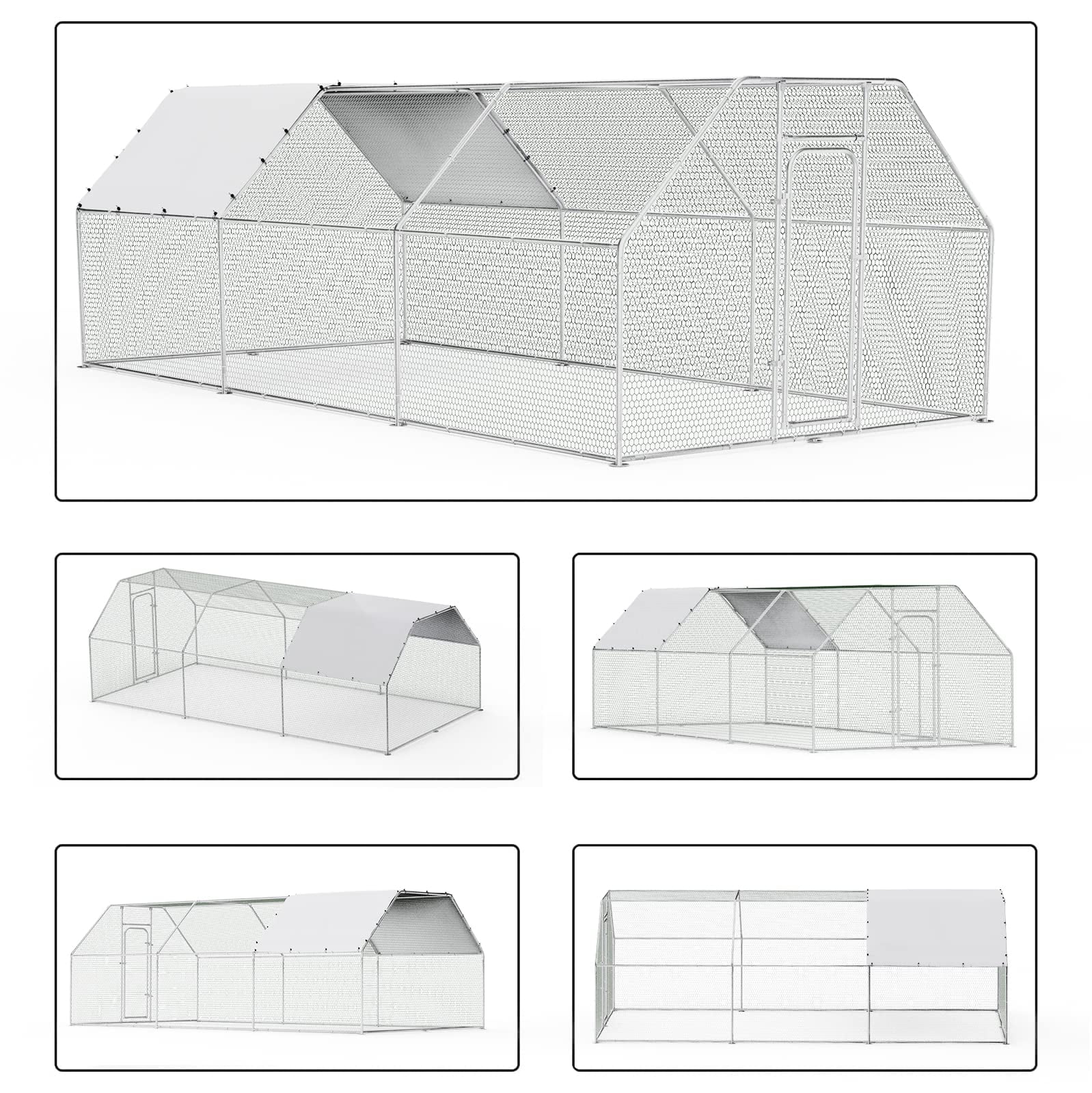 Aukfa Chicken Coop, 19.5 ft Large Chicken Run Cage Outdoor, Heavy Duty Metal Frame, Flat Roof, Silver