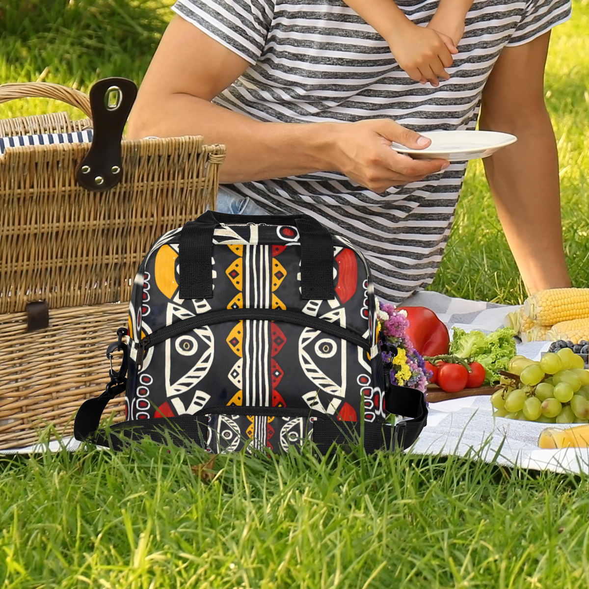 Herdesigns Bohemian Geometric Stripes Insulated Lunch Bag for Women Men Adults Large Reusable Lunch Box Leakproof Portable Cooler Tote Bags with Adjustable Shoulder Strap