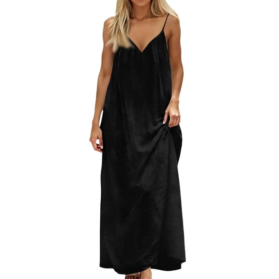longantii Casual Dresses for Women Sleeveless Backless Cami Dress V Neck Spaghetti Strap Flowy Beach Summer Loose Vacation Maxi Sundress Black XL
