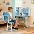 thumbnail image 3 of Fompes Height Adjustable Kids Desk and Chair Set Ergonomic Children's Desk and Chair Set with Sitting Corrector Book Stand Foot Pedal Partition Design Kids Interactive Workstation - Blue, 3 of 10