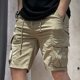 thumbnail image 3 of Pantalones cortos cargo para hombre con cordón ajustable, color caqui liso, elásticos, con bolsillo frontal, bermudas anchas de nailon de lujo para hombres grandes y altos, 3 of 5