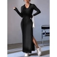 thumbnail image 5 of Women'S Long Sleeve Collar V Neck Maxi Dress Slit Thigh Ribbed Knit Bodycon Dresses, 5 of 9