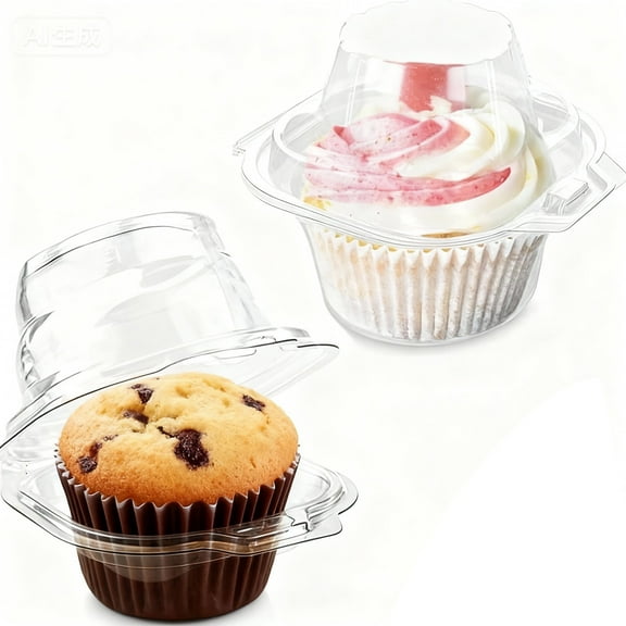 100-Pack Plastic Cupcake Boxes, Individual Airtight Containers with Connected Dome Lids, Single Cupcake Carriers for Birthday Party & Bakery