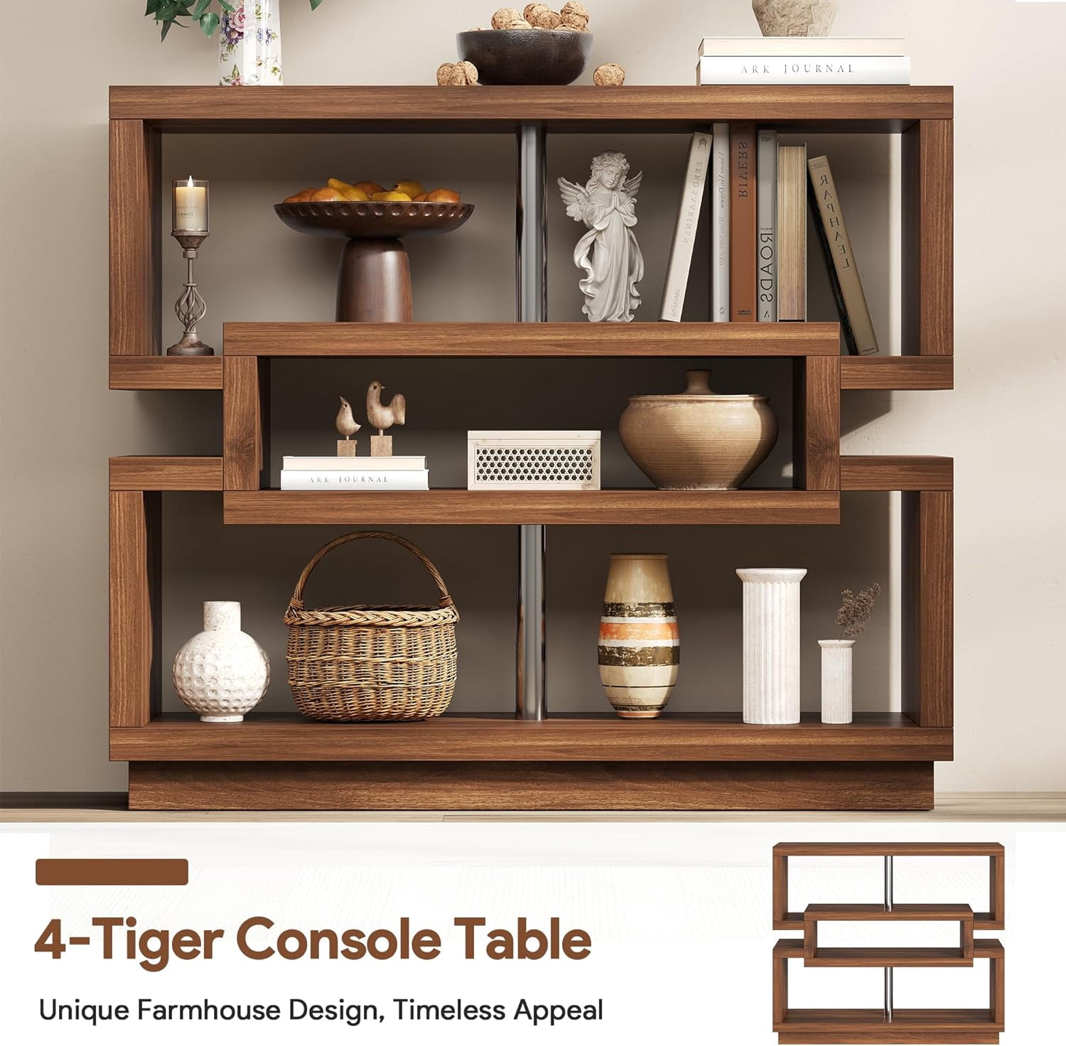 40-Inch Brown Farmhouse Console Table with 4-Tier Storage, Narrow Entryway Table for Behind Couch or Hallway