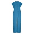 thumbnail image 5 of Iugvhana Women's Button Down Jumpsuits Cotton Linen Short Sleeve Casual Wide Legs Rompers Loose Fit One Piece Overalls with Pockets Blue L, 5 of 8