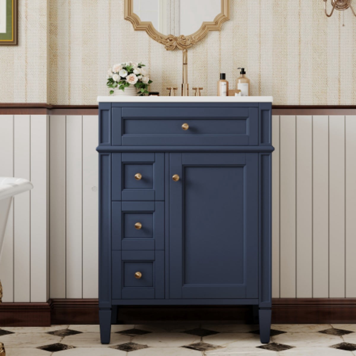24" Bathroom Vanity with Sink, Modern Freestanding Bathroom Vanity Cabinet with Ceramic Sink, 3 Drawers & Tip-Out Drawer, Adjustable Shelf, Green Storage Cabinet, Blue