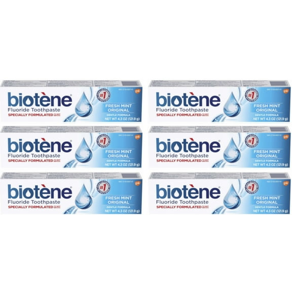 6 Pack Biotene Fresh Mint Original Gentle Formula Fluoride Toothpaste, 4.3 Ounces Each