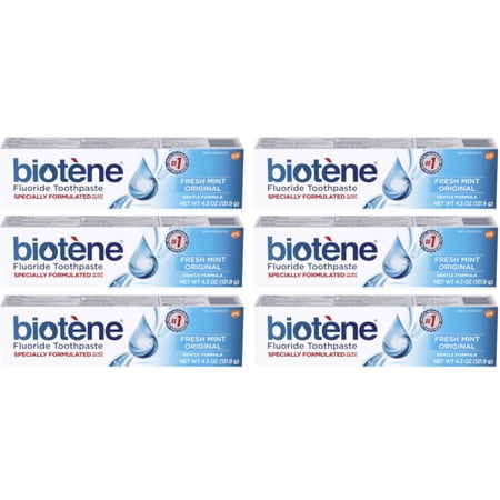 6 Pack Biotene Fresh Mint Original Gentle Formula Fluoride Toothpaste, 4.3 Ounces Each
