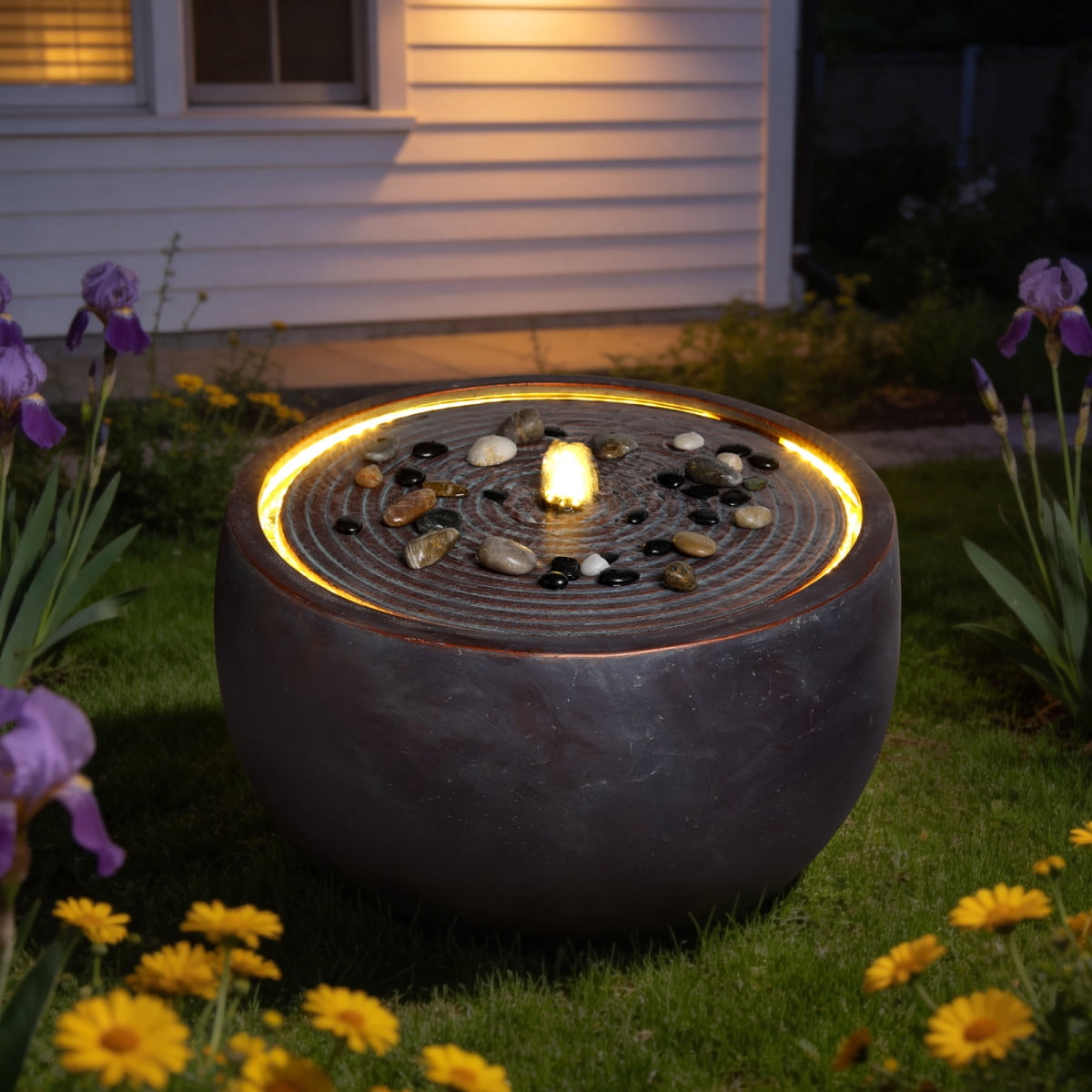 19.3" Modern Zen Bowl Water Fountain with Warm LED Light, Large Outdoor Patio Water Feature, Weather-Resistant Dark Stone-Look Fountain with Calming Water Flow for Backyard, Garden & Home Decor