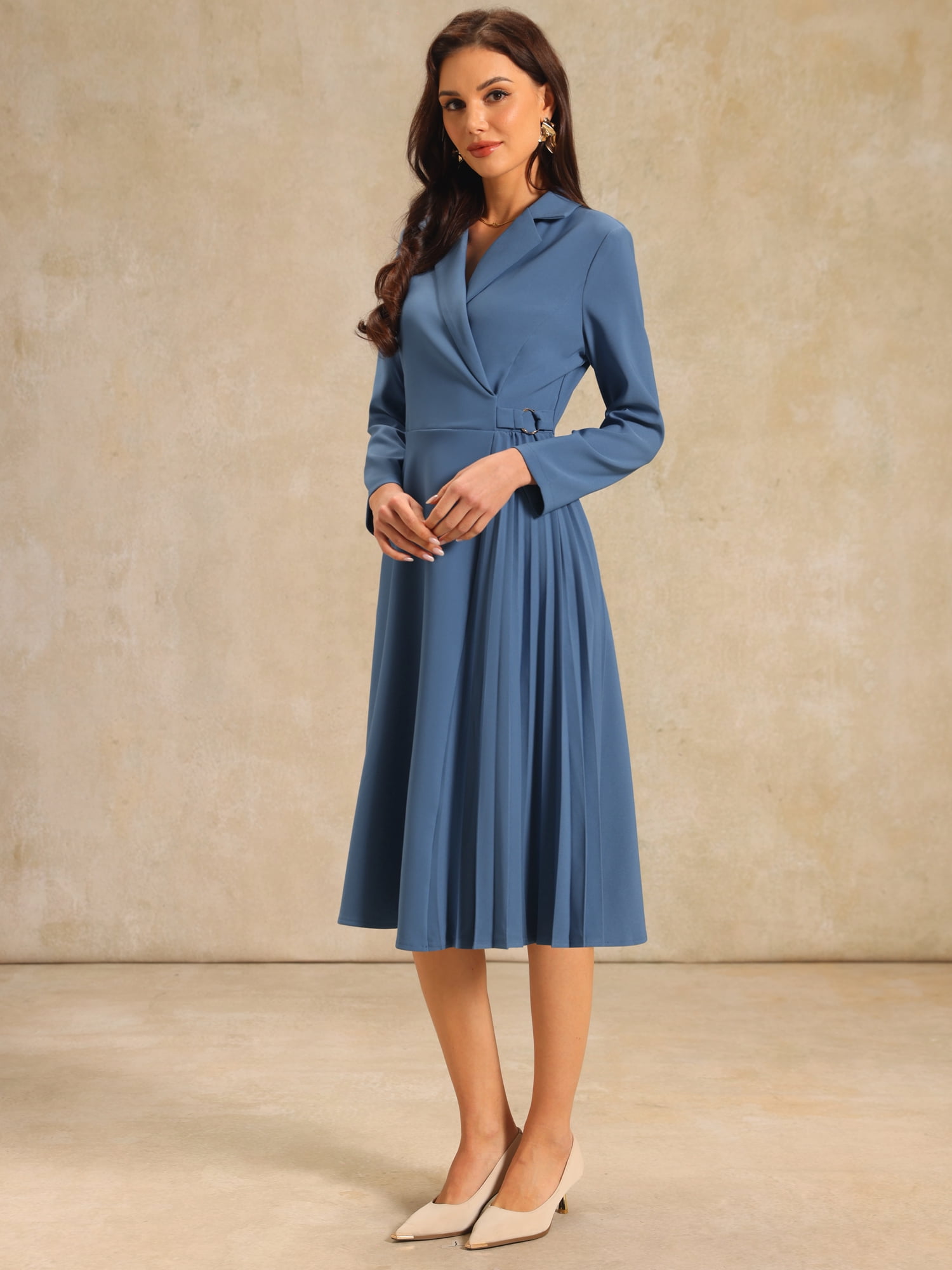 DARING DIVA Wrap A-Line Pleated Midi Long Sleev Dress M Blue