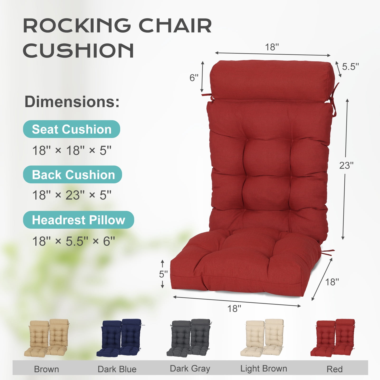 Aoodor  2 Pcs High Bcak Rocking Chair Cushion for Outdoor Indoor, Water Resistant & Fade Resistant Polyester Patio Adirondack Chair Cushion with Straps, 18" x 47", Red