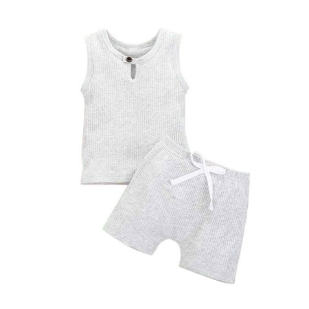 

Boys Girls Solid Sleeveless Outfits Shorts Vest Rib Set Baby Boys Outfits&Set
