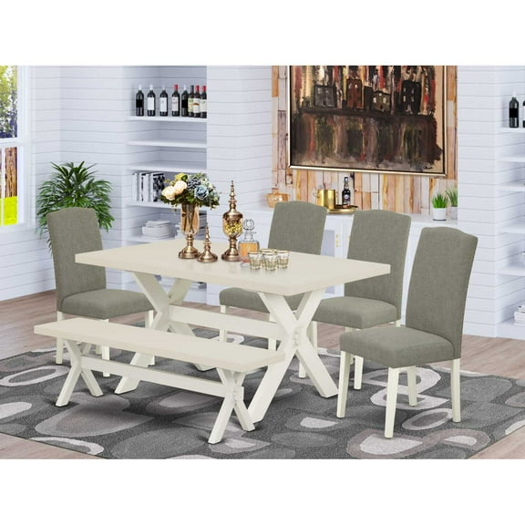 East West Furniture 6-Piece Dining room Table Set-Dark Shitake Linen Fabric Seat and Stylish Chair Back Dining chairs, a Rectangular Bench and Rectangular Top dining table with Hardwood Legs -...