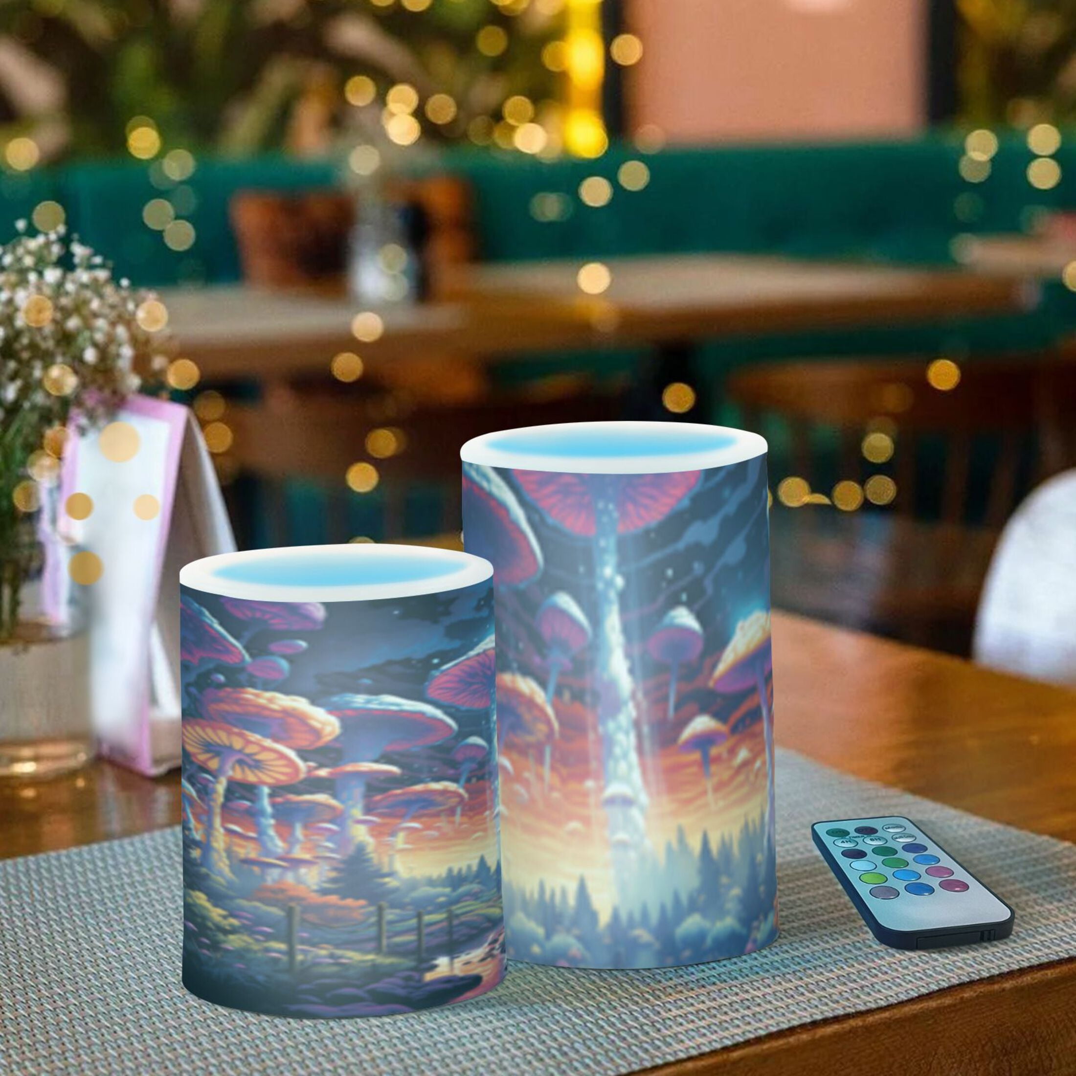 Magic Mushrooms Flickering Flameless Candles Battery Operated with Remote Timer LED Pillar Candles Set of 2