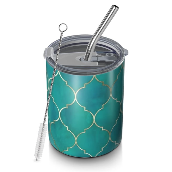12oz Coffee Tumblers Teal and Gold Geometric Lattice Pattern Stainless Steel Vacuum Insulated Travel Tumbler Coffee Cups Mug with Lid and Straw with Cleaning Brush for Cold & Hot Drinks