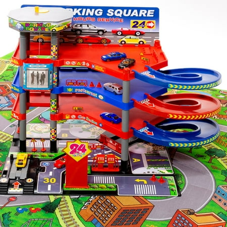 Plan Toys Parking Garage (iHubdeal Luxury 4-level Parking Garage Playset for Toddlers with Large City Play mat, Interactive Toy Cars, Working Lift Functions, Pretend Play)