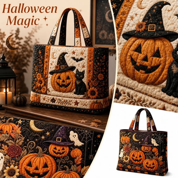 Halloween Quilted Tote Bag for Women, Large Canvas Shoulder Tote Bag with Vintage Halloween Farmhouse Decor, Structured Work Bag for Women with Top Handle & Storage Tote for