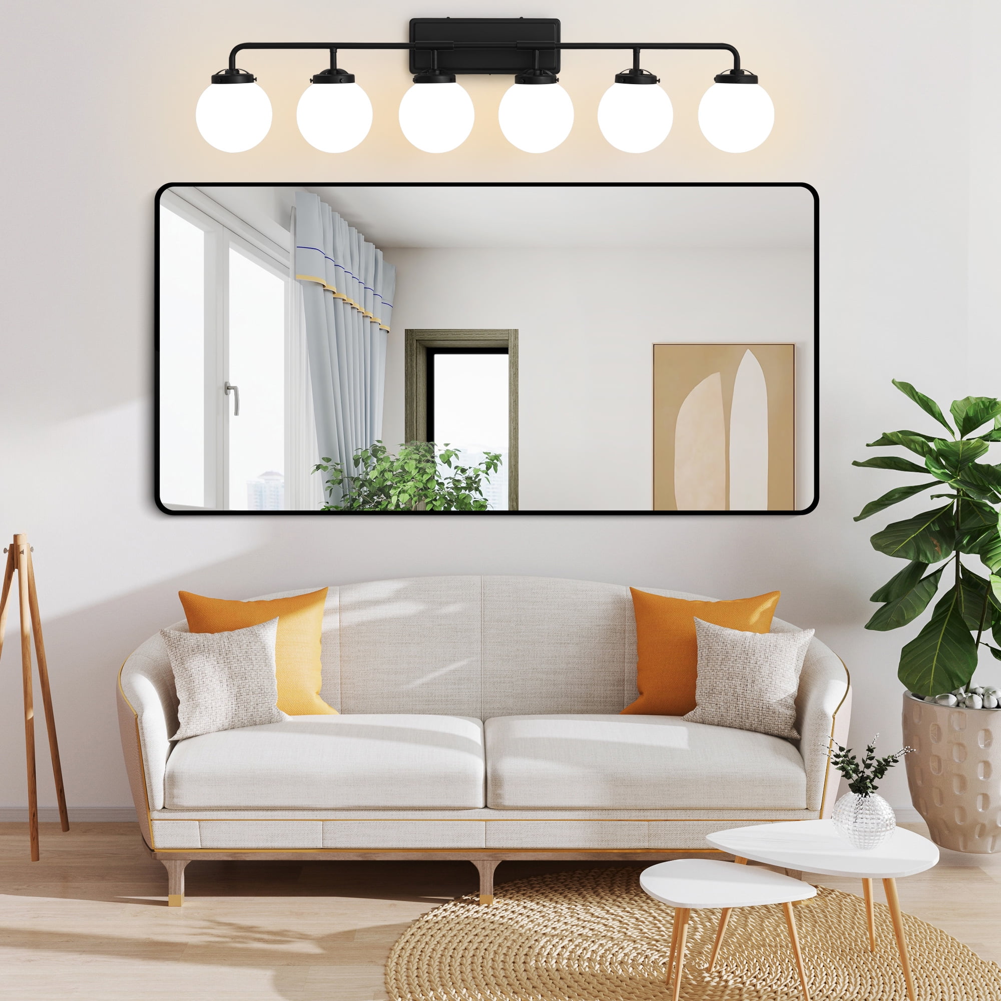 Deyidn 6-Light Modern Vanity Light, Black Bathroom Light Fixture with Milk White Glass Globes, 45 Inch Bathroom Wall Sconce for Mirror