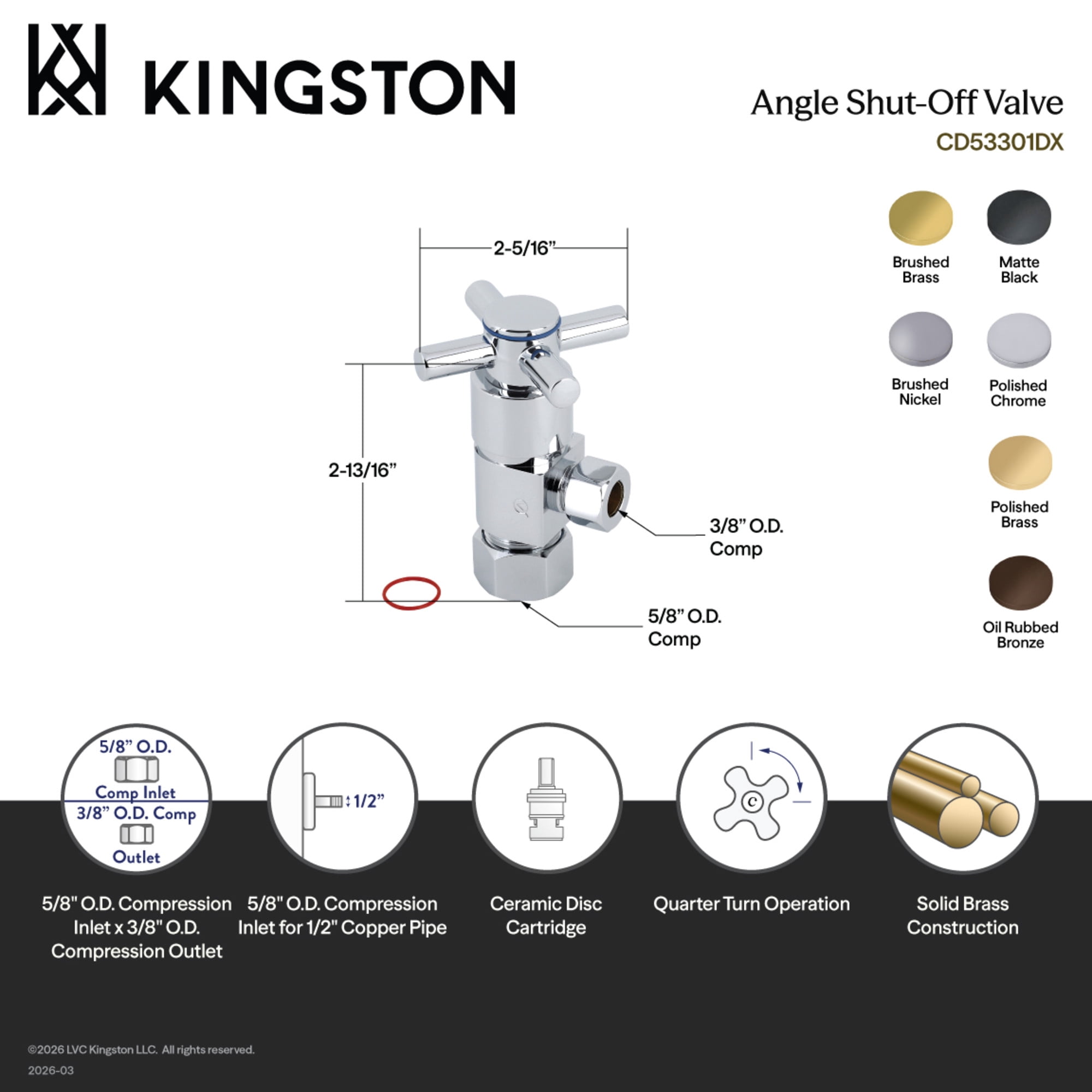 Kingston Brass CD53301DX 5/8-Inch O.D. Comp x 3/8-Inch O.D. Comp Anti-Seize Deluxe Quarter-Turn Ceramic Hardisc Cartridge Angle Stop in Polished Chrome