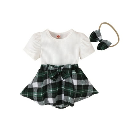 

Arvbitana Baby Girl Dress Set Short Sleeve Solid Color Ribbed Tops Patchwork Plaid A-line Dresses + Bowknot Headband Summer Academic Style Outfits 2Pcs 0-18M