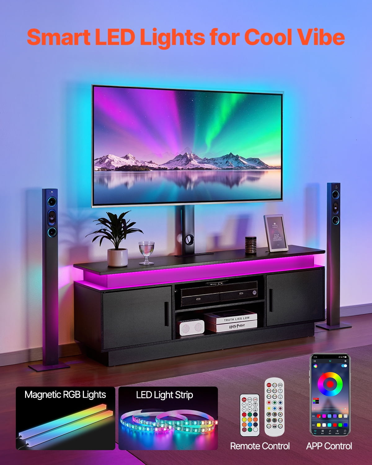 VEVOR 60" TV Stand with Mount for up to 75 in TVs, Entertainment Center with Power Outlet & LED Lights, Height Adjustable TV Console with Mount with 3 Tiers Storage Cabinets for Bedroom, Living Room