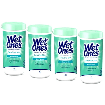 Wet Ones Sensitive Hand and Face Wipes, Sensitive Skin, Fragrance Free, 40 Count Canister (Pack of 4)