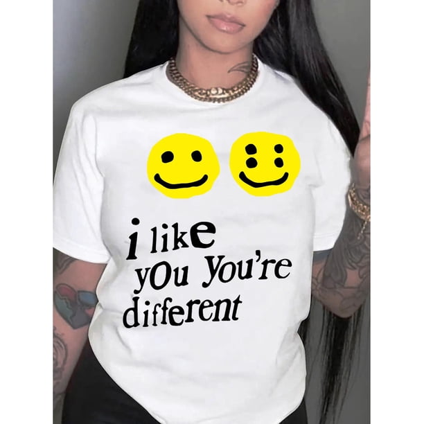 Camiseta de mujer de verano con Cuello RedondoBreezy Style, Women's Casual joyful Face Graphic Tee - Comfy Crew Neck Short Sleeve T-Shirt, Perfect for Summer & SportsFather's Day, Mother's Day, New