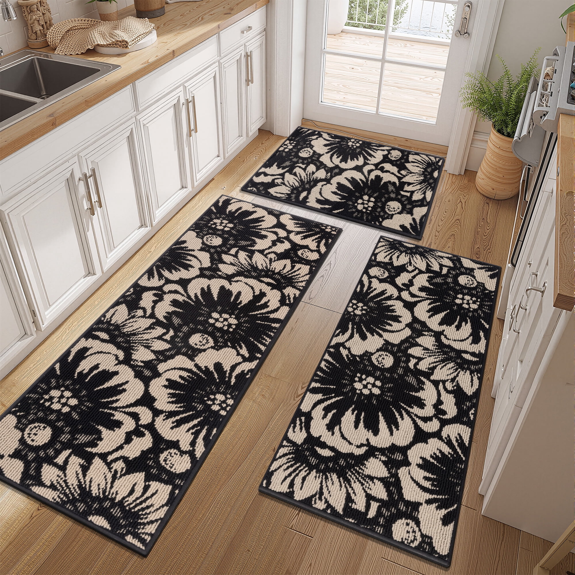 MeyJey Kitchen Rug Set 3 Piece, Non Slip Machine Washable Mats for Home Floor and Living Room, Black