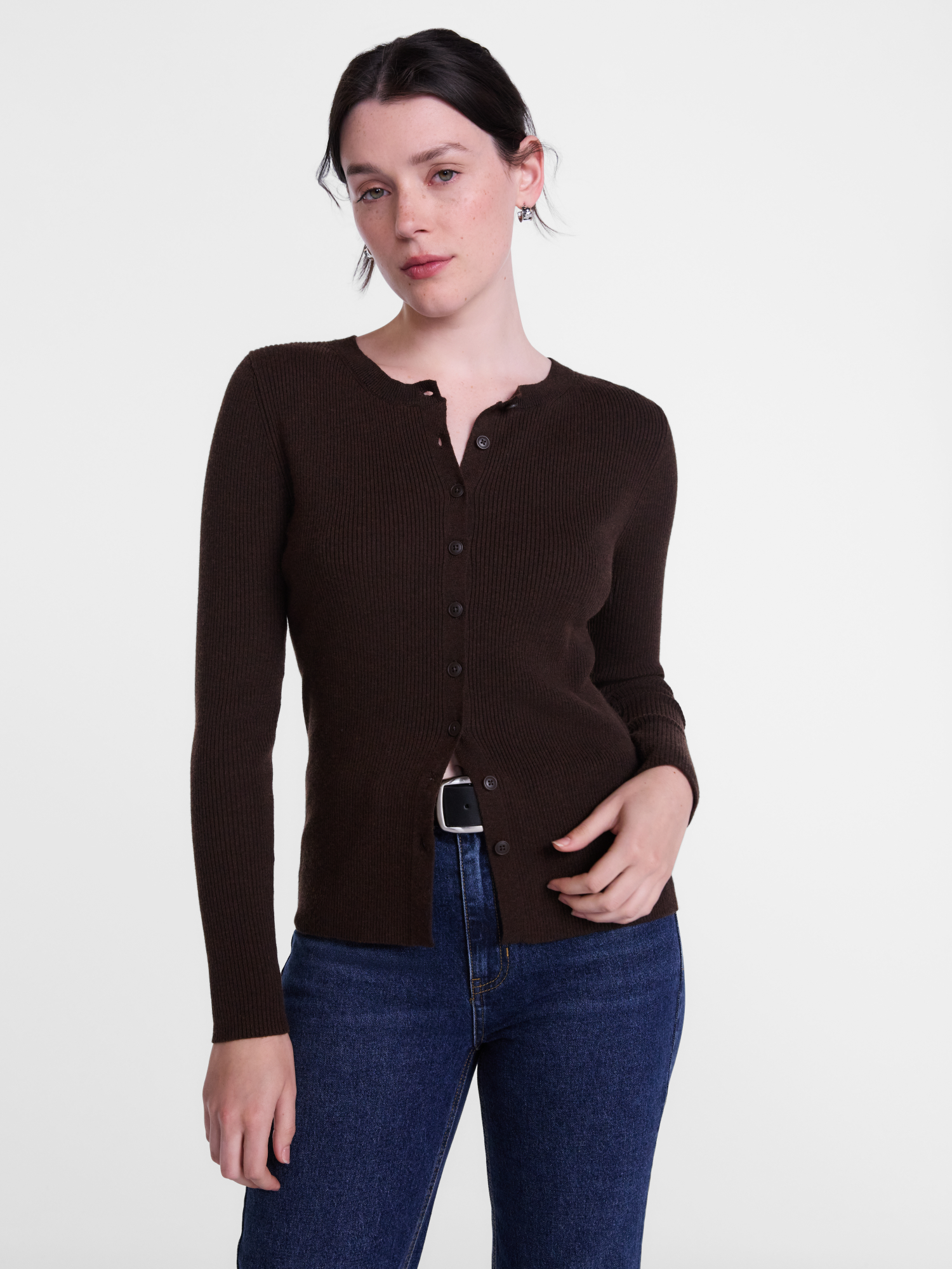 Scenario Women's Ribbed Crewneck Cardigan Sweater Lightweight photo 1