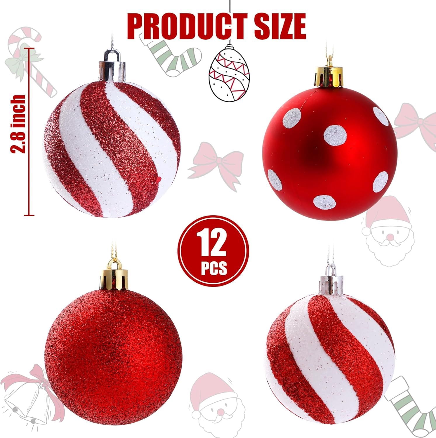 2Pcs Peppermint Candy Ornaments, Candy Cane Balls, Red & White Hanging Stripes - Christmas Tree Ornaments for Xmas Party & Indoor/Outdoor Holiday Home Decorations