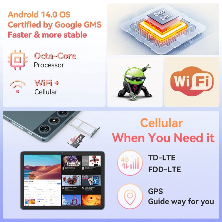 10Inch Android 14 Tablet,4G Cellular Tablet,128GB ROM 14GB RAM