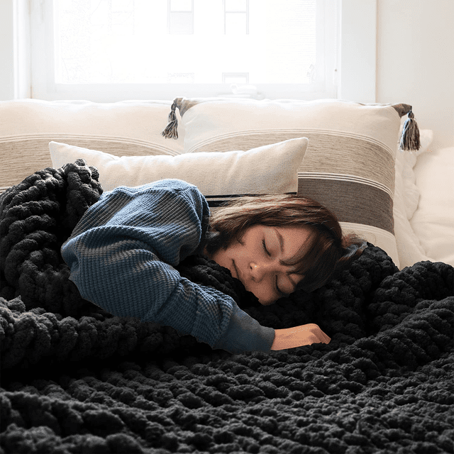 Comtest Chunky Knit Throw Blanket Chenille, Black, 50"x60"(Office Size)