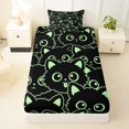 thumbnail image 4 of Manfei Cute Simple Cat Twin Sheets, Cartoon Kitten Bedding, Black Green, 3 Pieces, 1 Flat Sheet, 1 Fitted Sheet and 1 Pillowcase, 4 of 6