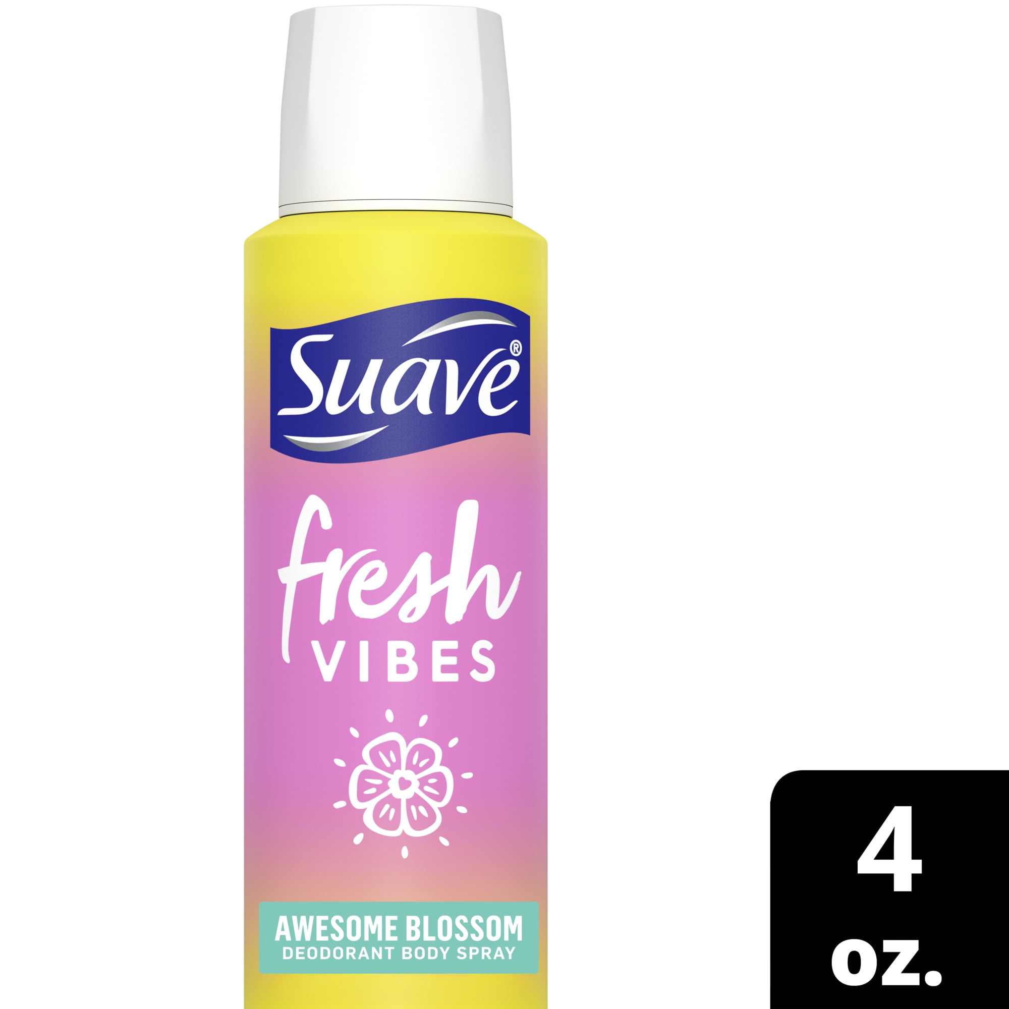 Suave Fresh Vibes Deodorant Body Spray, Aluminum Free 48 Hour Deodorant Protection, Awesome Blossom Dermatologist Tested, Body Spray Deodorant 4 OZ