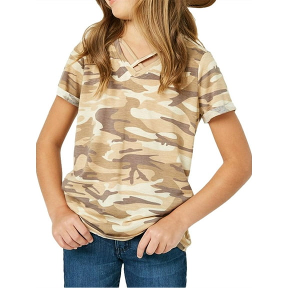Langwyqu Short Sleeved Kids Camouflage Print Cross T-Shirt Children Girls Tops