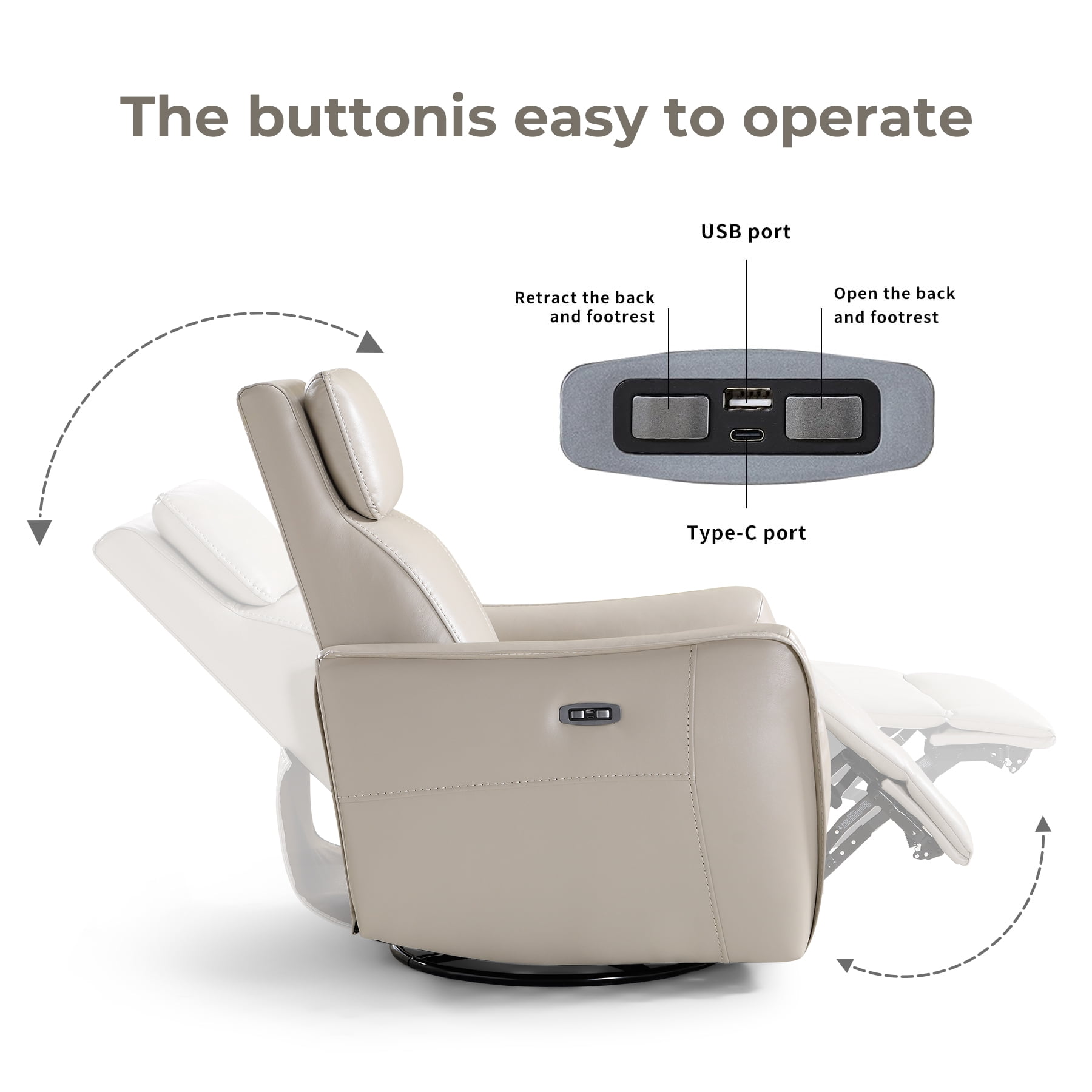 Ebello Power PU Leather Swivel Rocker Recliner, Electric Swivel Glider Chair with USB & Type-C Ports for Nursery, Living Room, Gray