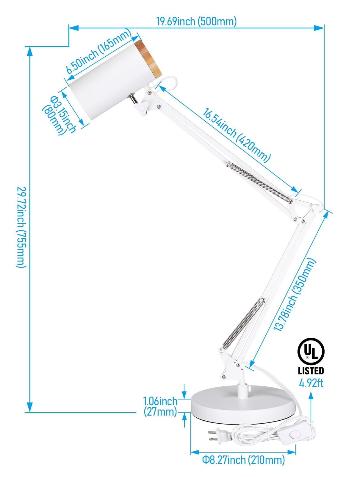 2 Pack Adjustable Metal Table Lamp, Large Size Max Height 29.7", E26 Base, Swing Arm Desk Light with Wooden Accent, White