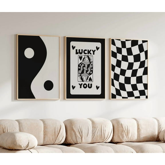 Luvia Retro Checkered Prints Black And White Posters Trendy Dorm Art Lucky You Poster Yin Yang Apartment Decor Funky Posters, Modern Wall Decor Set 3 Prints 8x12 UNFRAMED