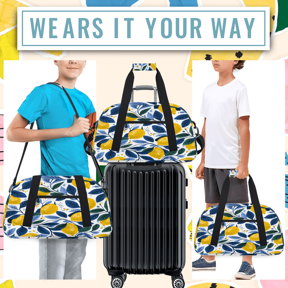 Herdesigns Lemon Sports Duffle Bag for Women & Men, Lemon Gym Bag Dance Bag Overnight Bag Carry On Weekender Travel Bag