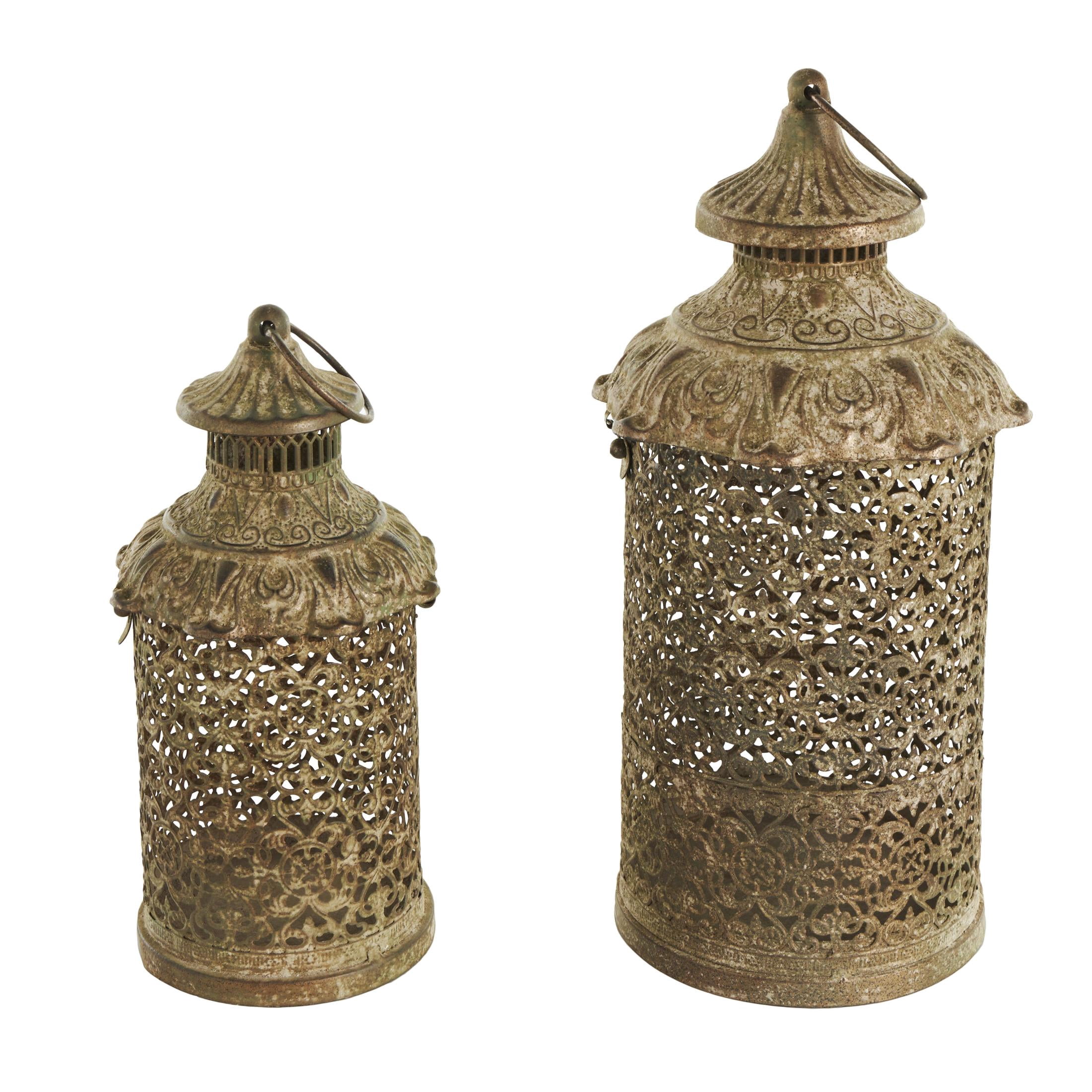 DecMode 2 Holder Brown Metal Scroll Distressed Vintage Inspired Ornate Candle Lantern, Set of 2