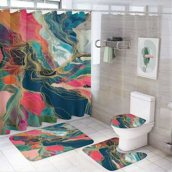 4 Pcs Marble Texture Shower Curtain Set with Non-Slip Rugs Bathroom Set Bathroom Carpet Bath Mat And Toilet Rugs