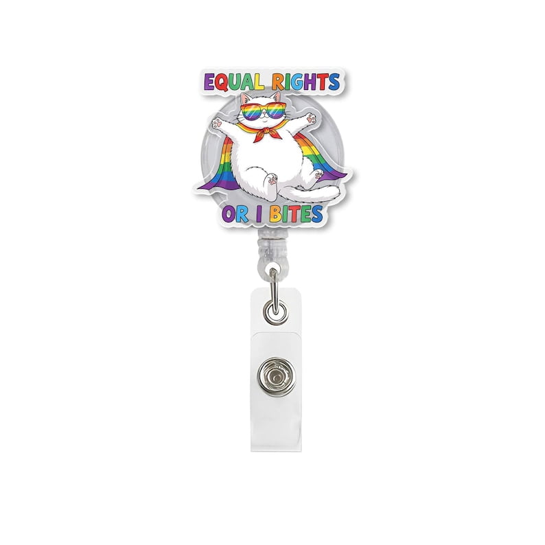 TiniDecor Equal Rights or I Bites Badge Reel, Rainbow Cat Retractable ID Holder, Funny Gift for Nurses