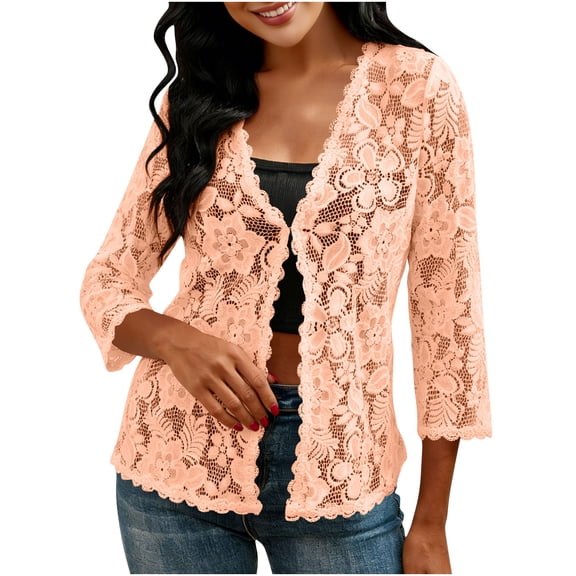 Cmfcve Women's 3/4 Sleeve Bolero Shrugs Crochet Lace Open Cardigans Stylish Lightweight Casual Cover Up Tops